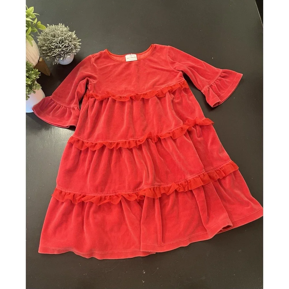 Hanna Andersson Red Velvet Ruffle Holiday Dress Sz 120 6/7 Bell Sleeve Christmas